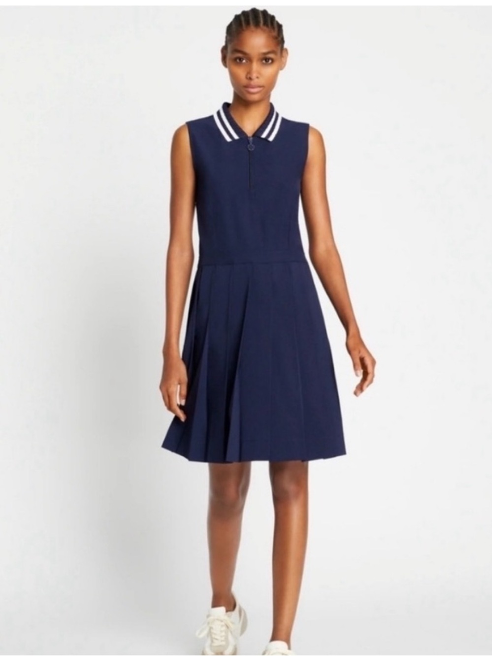 Tory Sport pleated golf athletic dress Navy Sz L white stripe collar front zip - Picture 7 of 10